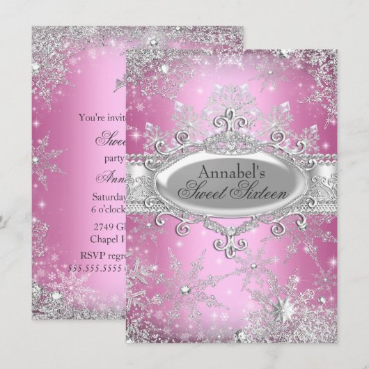 Pink Princess Winter Wonderland Sweet 16 Invite Kaart (Voorkant / Achterkant)