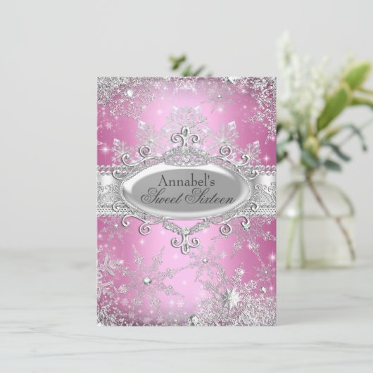 Pink Princess Winter Wonderland Sweet 16 Invite Kaart (Staand voorkant)
