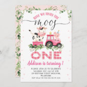 Pink Pset Koe Moos First Birthday Kaart (Voorkant / Achterkant)