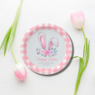Pink Pset Waterverf Floral Bunny Ears Pasen Papieren Bordje