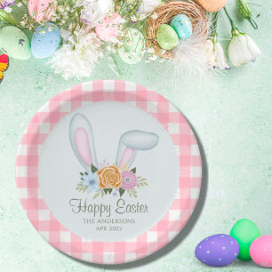 Pink Pset Waterverf Floral Bunny Ears Pasen Papieren Bordje