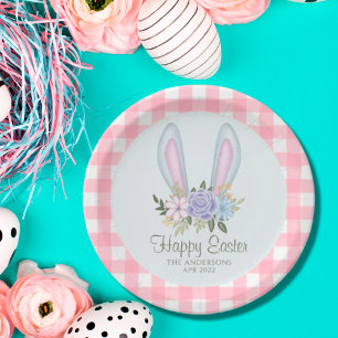 Pink Pset Waterverf Floral Bunny Ears Pasen Papieren Bordje