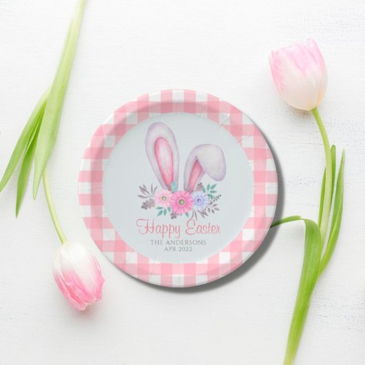 Pink Pset Waterverf Floral Bunny Ears Pasen Papieren Bordje
