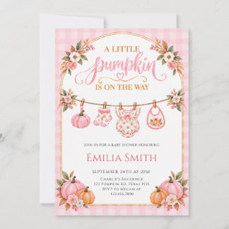 Pink Pumpkin Clothesline Gingham Fall Baby Shower Kaart