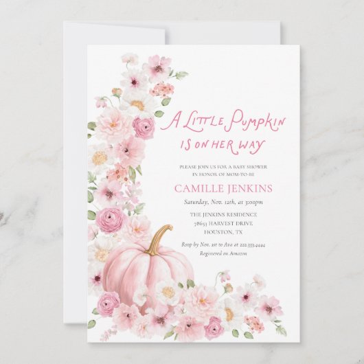 Pink Pumpkin Floral Girl Baby Shower Kaart (Voorkant)