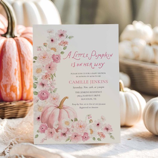 Pink Pumpkin Floral Girl Baby Shower Kaart