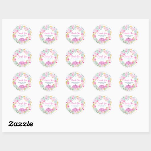 Pink Pumpkin Floral Wreath Baby Shower Thank You Ronde Sticker (Vel)