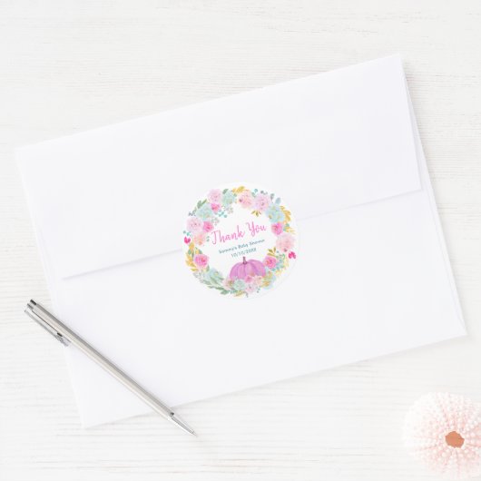 Pink Pumpkin Floral Wreath Baby Shower Thank You Ronde Sticker (Envelop)