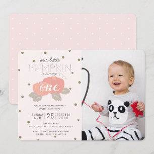 Pink Pumpkin Girl Foto First Birthday Uitnodiging