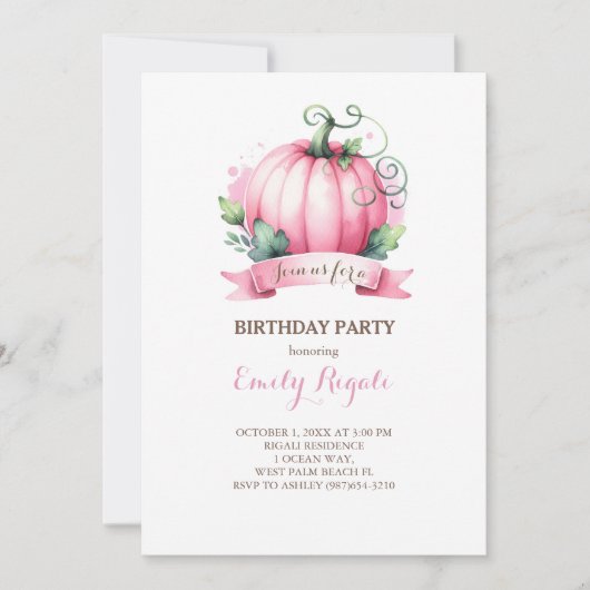 Pink Pumpkin Kids verjaardagsfeestje uitnodigingen (Voorkant)