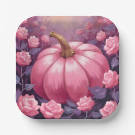 Pink Pumpkin Rose Floral Halloween Thanksgiving Papieren Bordje