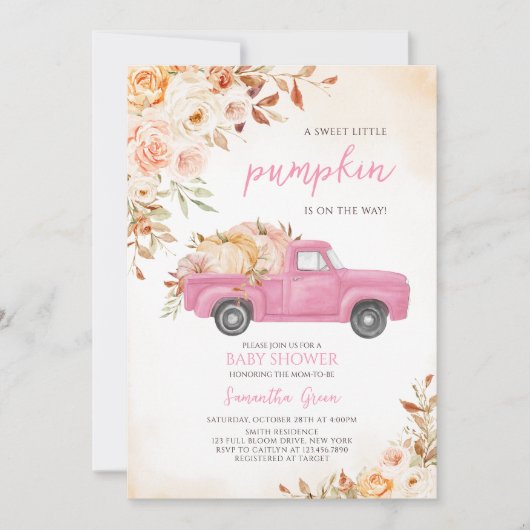 Pink Pumpkin Truck Baby shower Kaart (Voorkant)