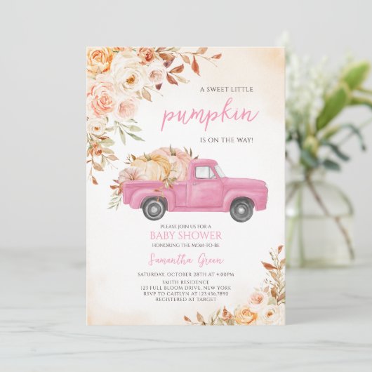 Pink Pumpkin Truck Baby shower Kaart (Staand voorkant)
