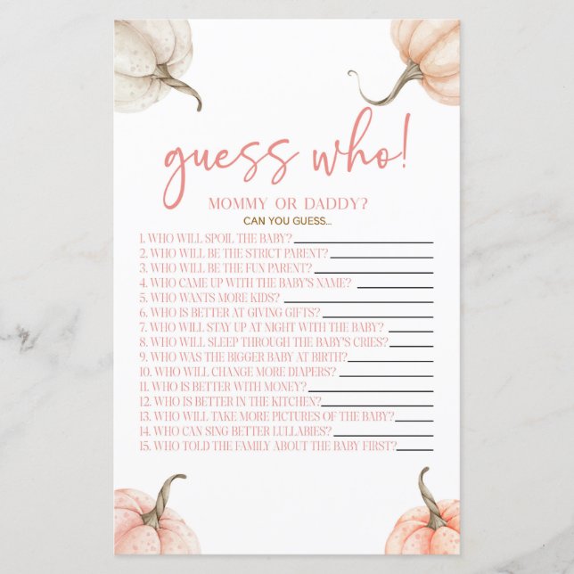 Pink Pumpkins Herfst Guess Wie Baby shower spel (Voorkant)