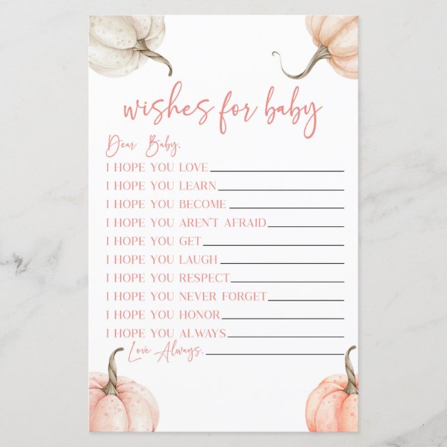 Pink Pumpkins Herfst Wensen voor Baby shower Game (Voorkant)