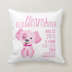 Pink Puppy Birth Announcement Nursery Pillow Kussen