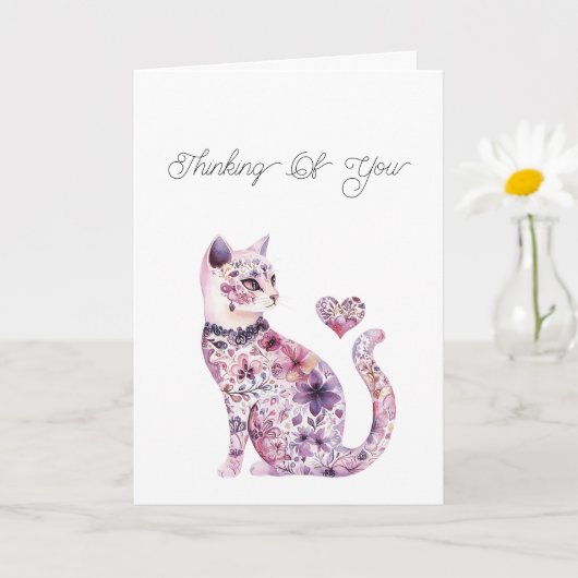 Pink Purple Blush Floral Heart Cat Thinking of you Kaart (Kleine Plant)