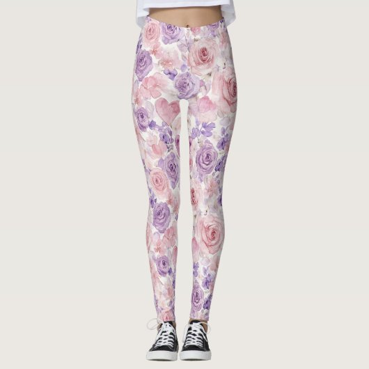 Pink Purple Blush Flowers Hearts  Leggings (Voorkant)