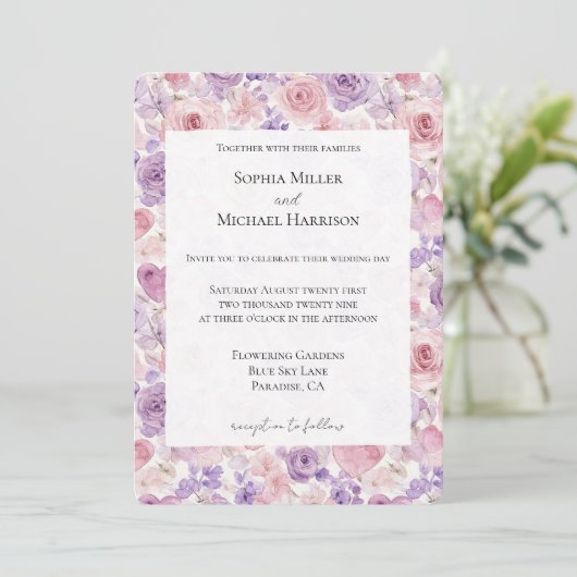 Pink Purple Blush Flowers Hearts Wedding Kaart (Staand voorkant)