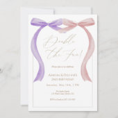 Pink purple bow Twin Birthday Invitation Kaart (Voorkant)