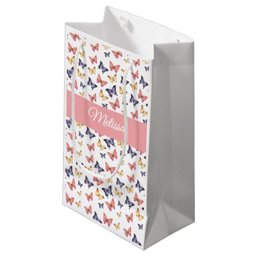 Pink Purple Butterflies Custom Name Klein Cadeauzakje (Voorkant Gekanteld)