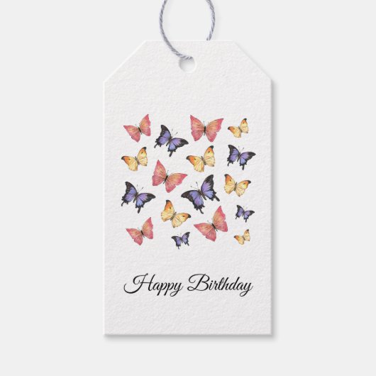 Pink Purple Butterflies Happy Birthday Script Cadeaulabel (Voorkant)