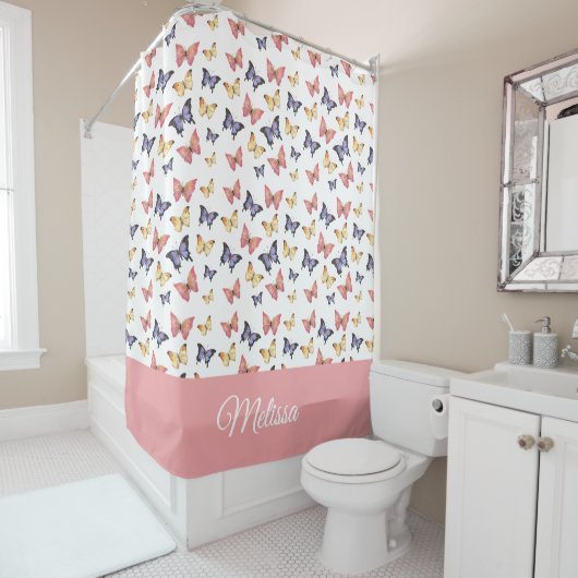 Pink Purple Butterflies Monogram Name Douchegordijn (In situ)