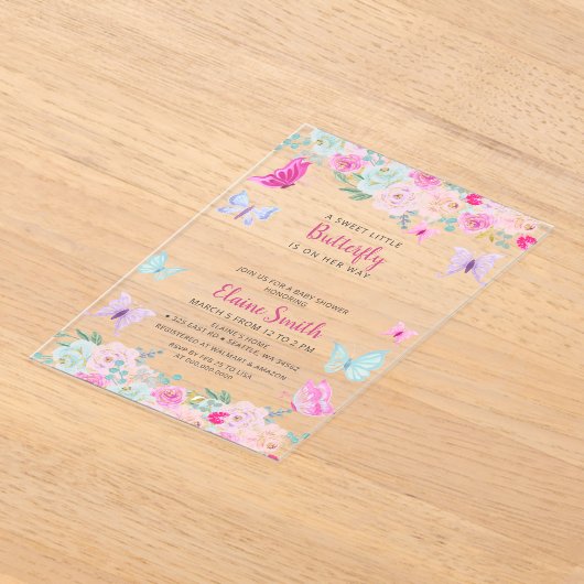 Pink Purple Butterfly Baby Shower  Acryl Uitnodigingen (Laagn)