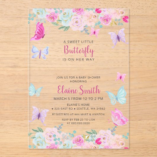 Pink Purple Butterfly Baby Shower  Acryl Uitnodigingen (Voorkant)