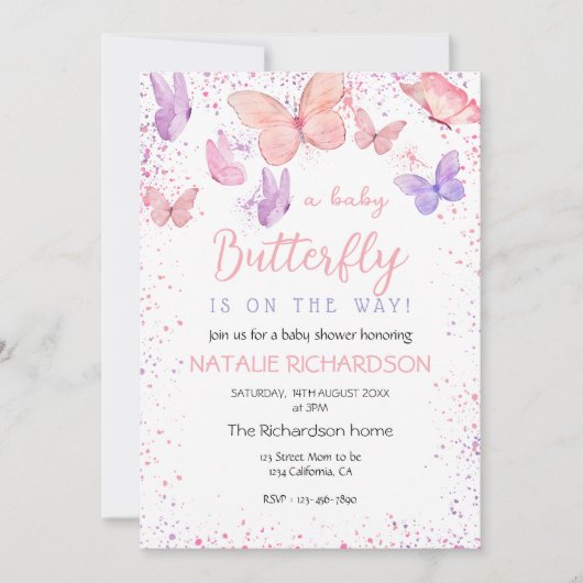 Pink Purple Butterfly Baby Shower  Kaart (Voorkant)