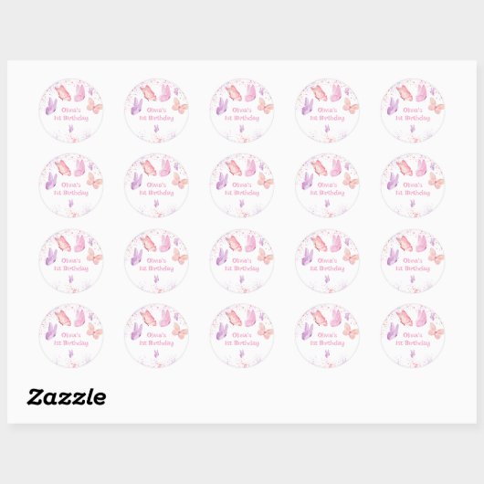 Pink Purple Butterfly Birthday  Ronde Sticker (Vel)