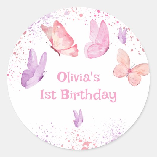 Pink Purple Butterfly Birthday  Ronde Sticker (Voorkant)