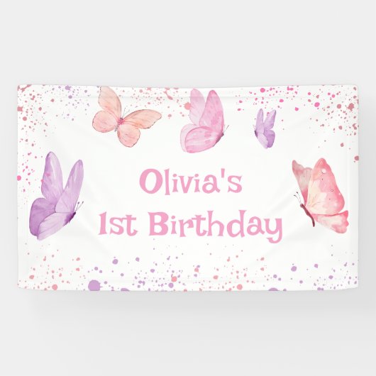 Pink Purple Butterfly Birthday Spandoek (Horizontaal)