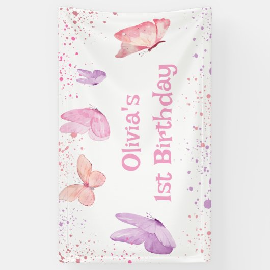 Pink Purple Butterfly Birthday Spandoek (Verticaal)