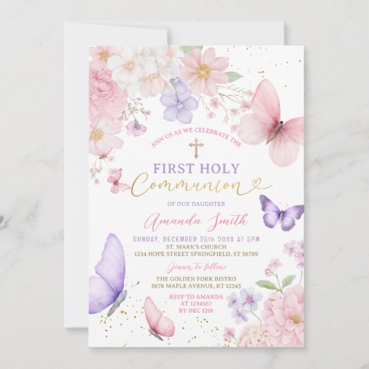 Pink Purple Butterfly Girl First Holy Communion Kaart (Voorkant)