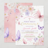 Pink Purple Butterfly Girl First Holy Communion Kaart (Voorkant / Achterkant)