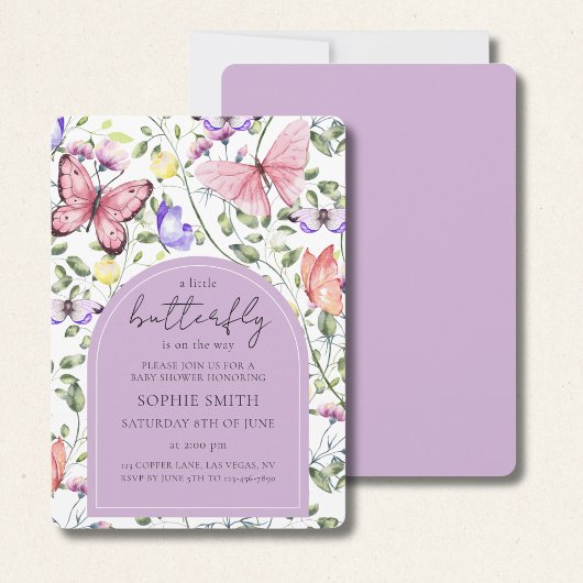 Pink Purple Butterfly Greenery Baby Shower Kaart