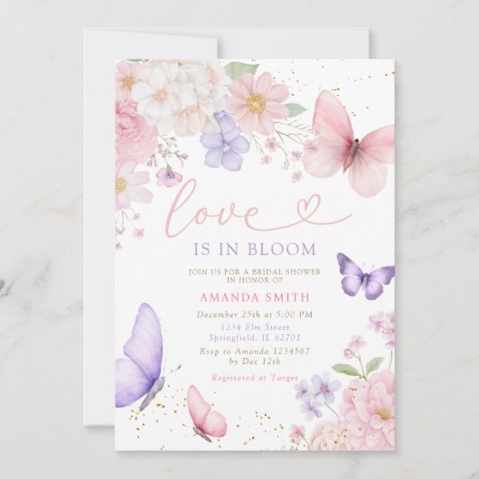 Pink Purple Butterfly Love In Bloom Bridal Shower Kaart (Voorkant)