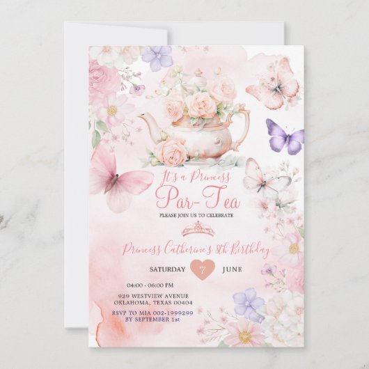 Pink Purple Butterfly Princess ParTea Birthday  Kaart (Voorkant)