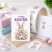 Pink Purple Easter Bunny Floral Happy Easter Card Feestdagenkaart