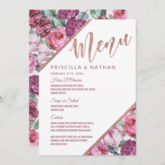 Pink Purple Flowers Roos Gold Wedding Menu (Voorkant / Achterkant)