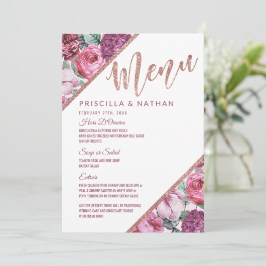 Pink Purple Flowers Roos Gold Wedding Menu (Staand voorkant)