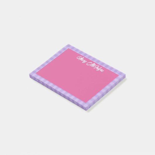 Pink Purple Gingham Border Name In Cool Script Post-it® Notes (Schuin)