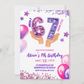 Pink Purple Glitter hand 67 Birthday Party Kaart (Voorkant)