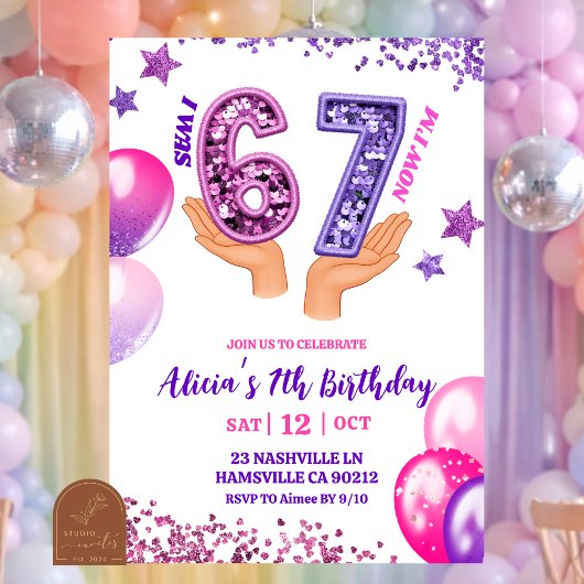 Pink Purple Glitter hand 67 Birthday Party Kaart