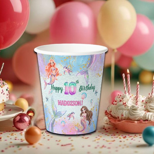 Pink Purple Glitter Mermaids 10th Birthday Party Papieren Bekers