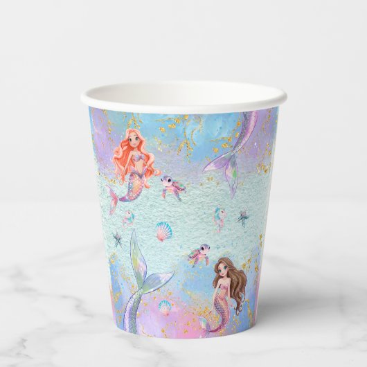 Pink Purple Glitter Mermaids 10th Birthday Party Papieren Bekers (Achterkant)