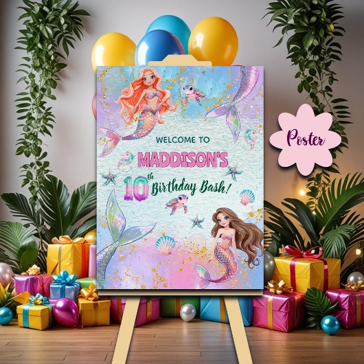 Pink Purple Glitter Mermaids 10th Birthday Welcome Poster
