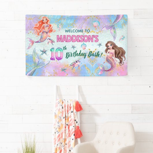 Pink Purple Glitter Mermaids 10th Birthday Welcome Spandoek (Insitu)