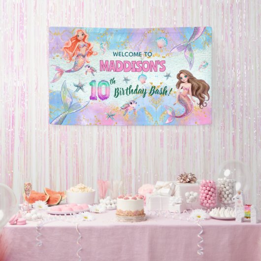 Pink Purple Glitter Mermaids 10th Birthday Welcome Spandoek (Feest)